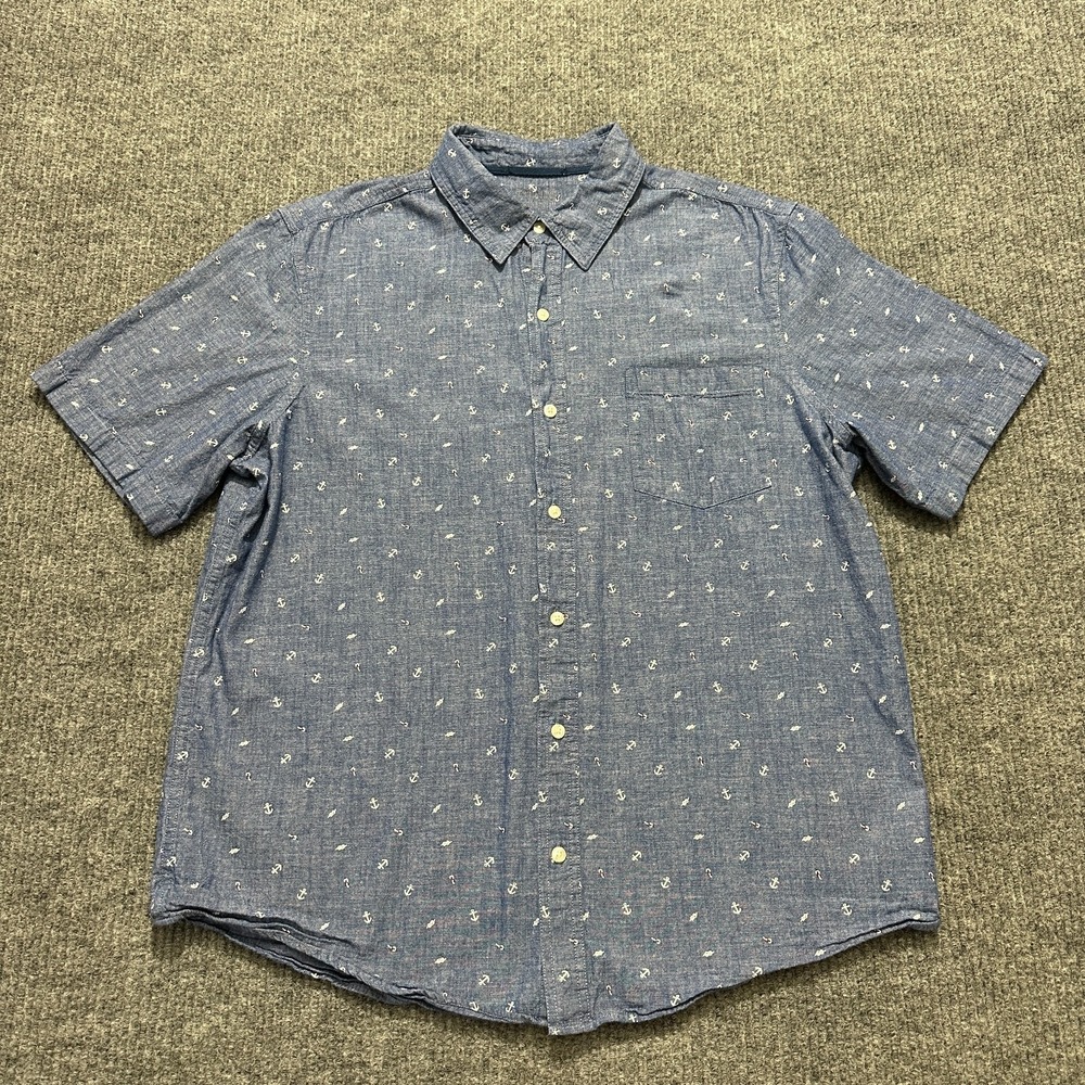 Chaps Coastland Wash Chambray Button Up Shirt XL Blue Anchor Print Short‎ Sleeve
